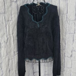 Mystree Black and Teal Furry V-Neck‎ Sweater Size Medium